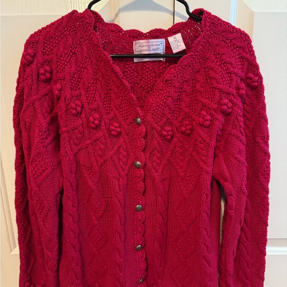 Cranberry Red Knit Cardigan with Bobble Stitch